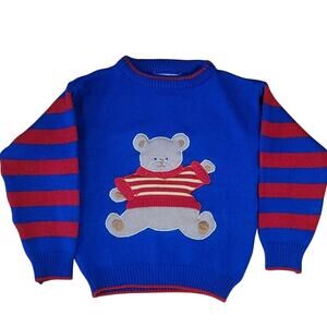 Vintage Blue Red Bear Kids Sweater Size 3T 100% Acrylic Cozy Retro 80's